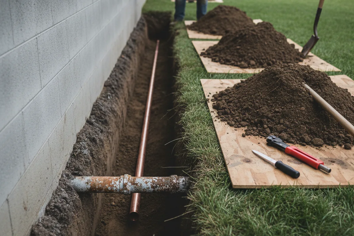 Excavated water line trench during Water Softener Installation in Vera